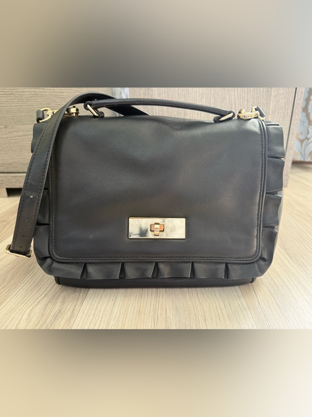 kate spade Black Leather Top-Handle Satchel with Ruffle Trim
